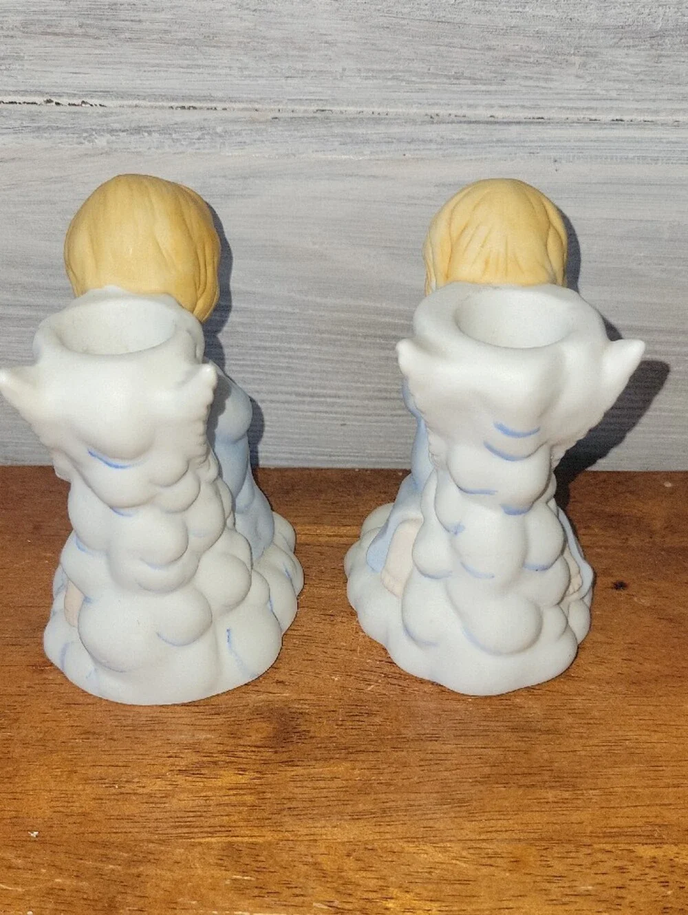 Porcelain Praying Angel Figurines Pair in Light Blue Candle Holders